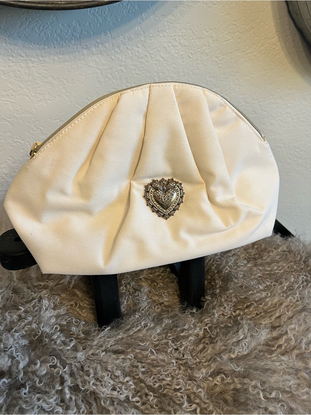 Dolce & Gabbana Ivory Heart-Embellished Cosmetic Pouch
